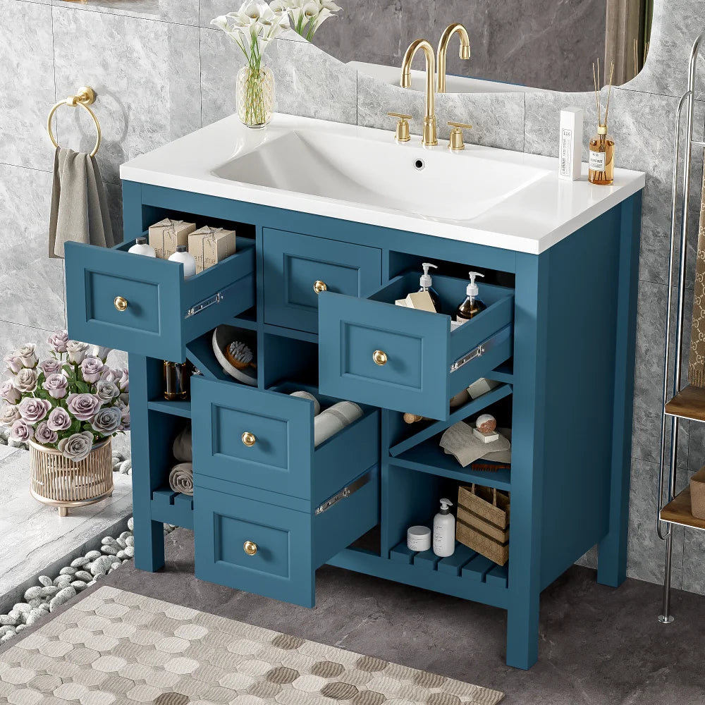 LWOH Vanity With Resin Sink 5 Drawer Solid Wood Cabinet