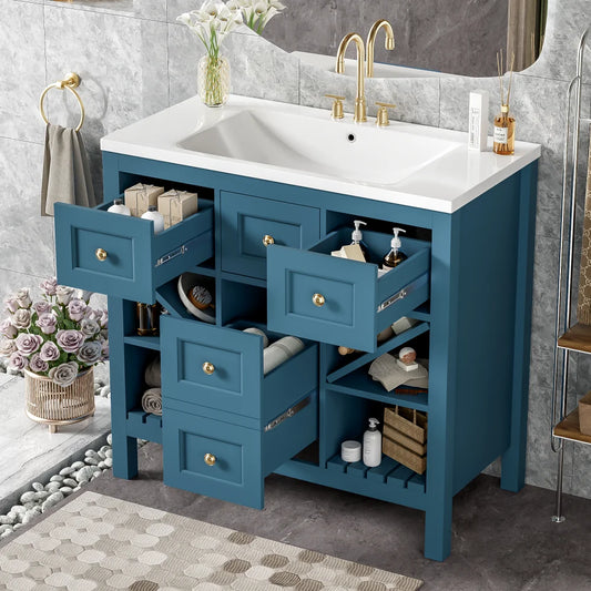 LWOH Vanity With Resin Sink 5 Drawer Solid Wood Cabinet