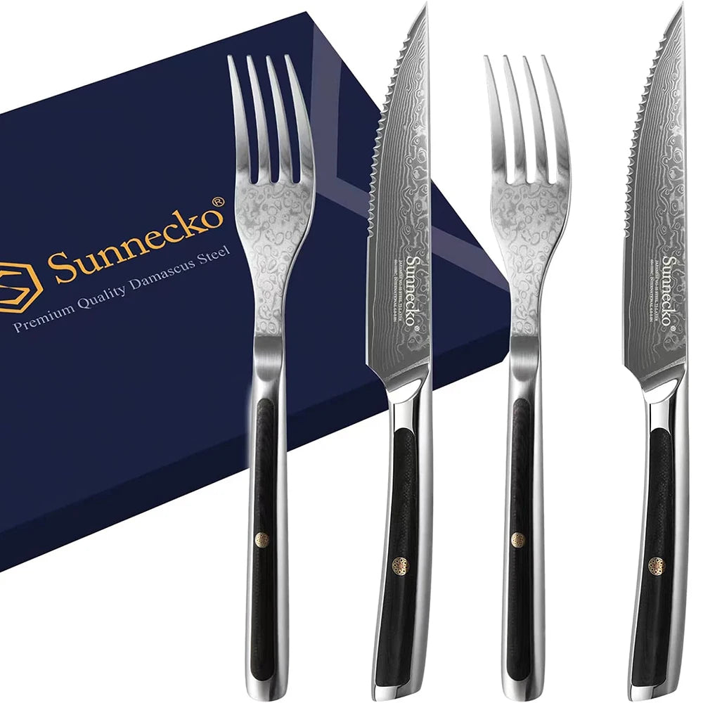 Sunnecko SeventyThreeLayer VG10 Damascus Steel Forks And SteakKnives Set PremiumProfessionalGrade