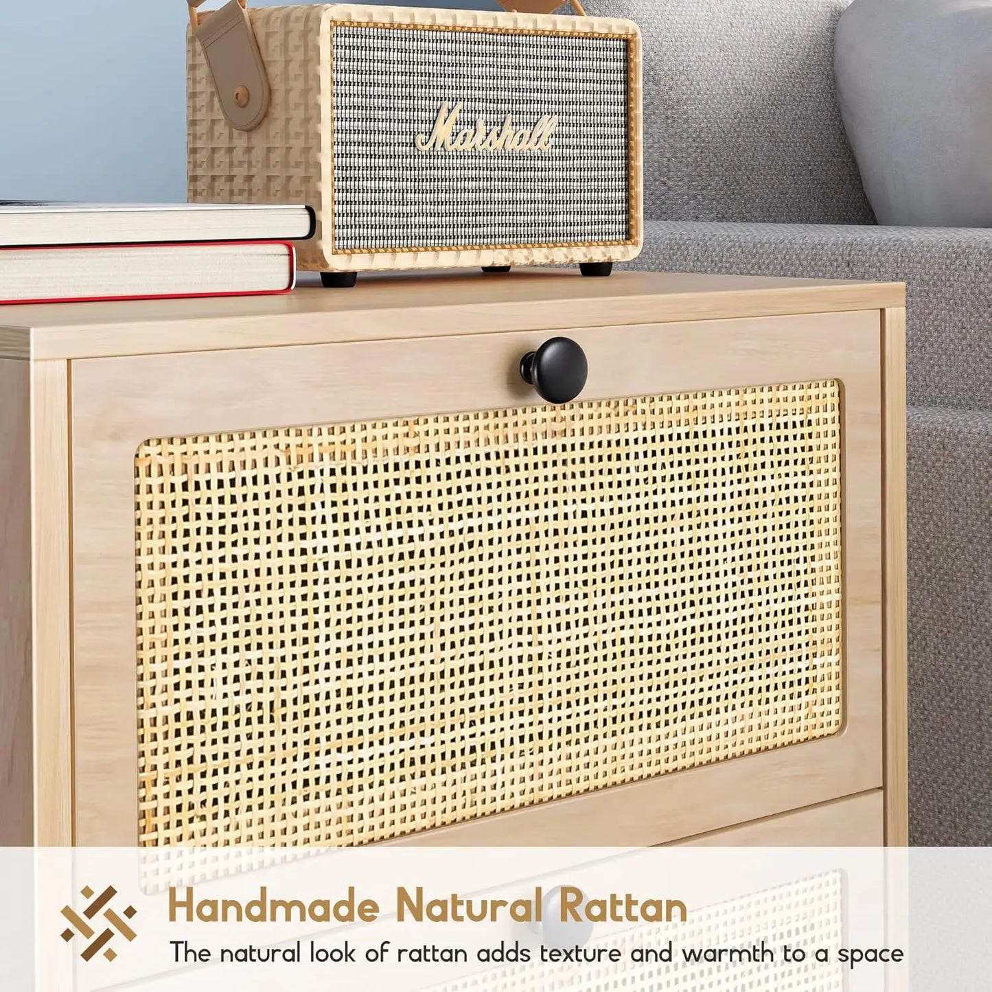 Natural Rattan Nightstand Set Of 2 With Drawers Boho