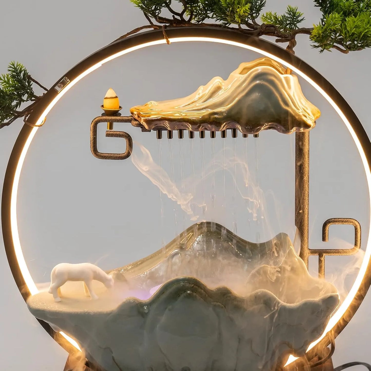 Bymaocar Tabletop Water Fountain With LED Light Mist Incense Holder