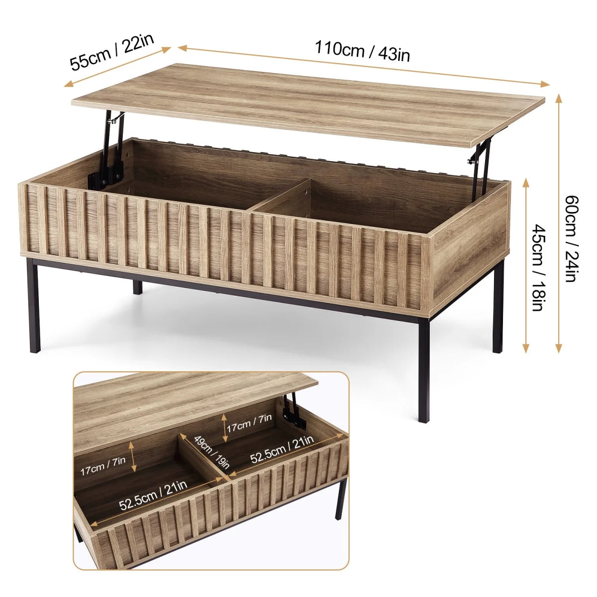 HiMISS Farmhouse Lift Top Coffee Table With Hidden Storage Compartments