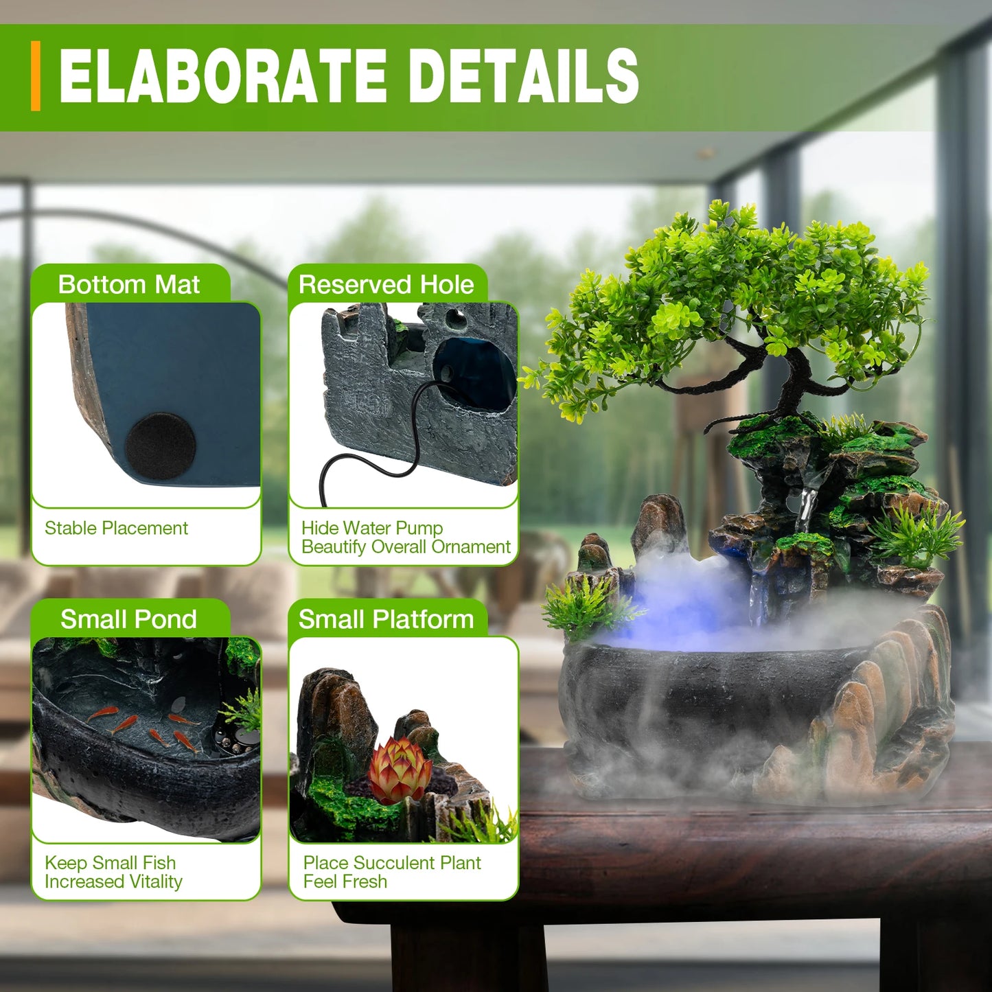 Indoor Tabletop Fountain Rockery Waterfall With Plants Decor