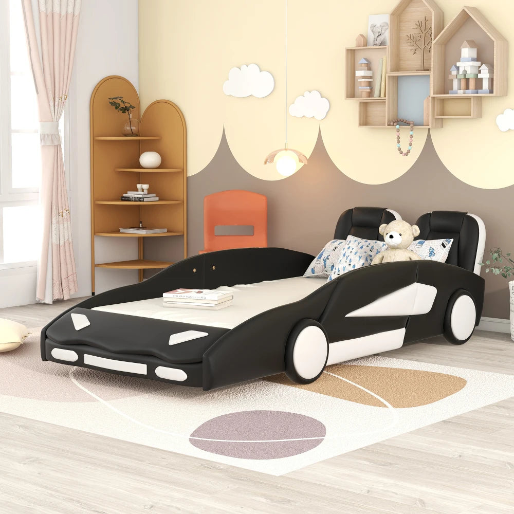 JUANLI Race Car Shaped Platform Bed With Wheels For Kids Boys Bedroom Furniture Essentials