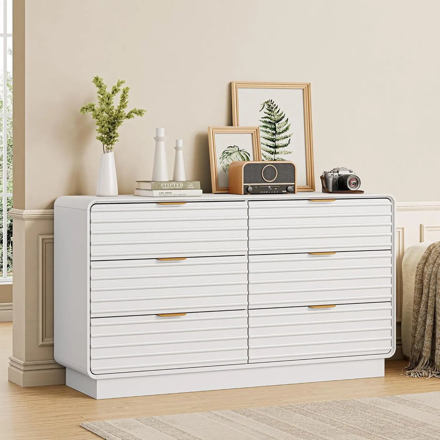 IRONCK Fluted 6 Drawer Dresser Modern Wooden White Bedroom