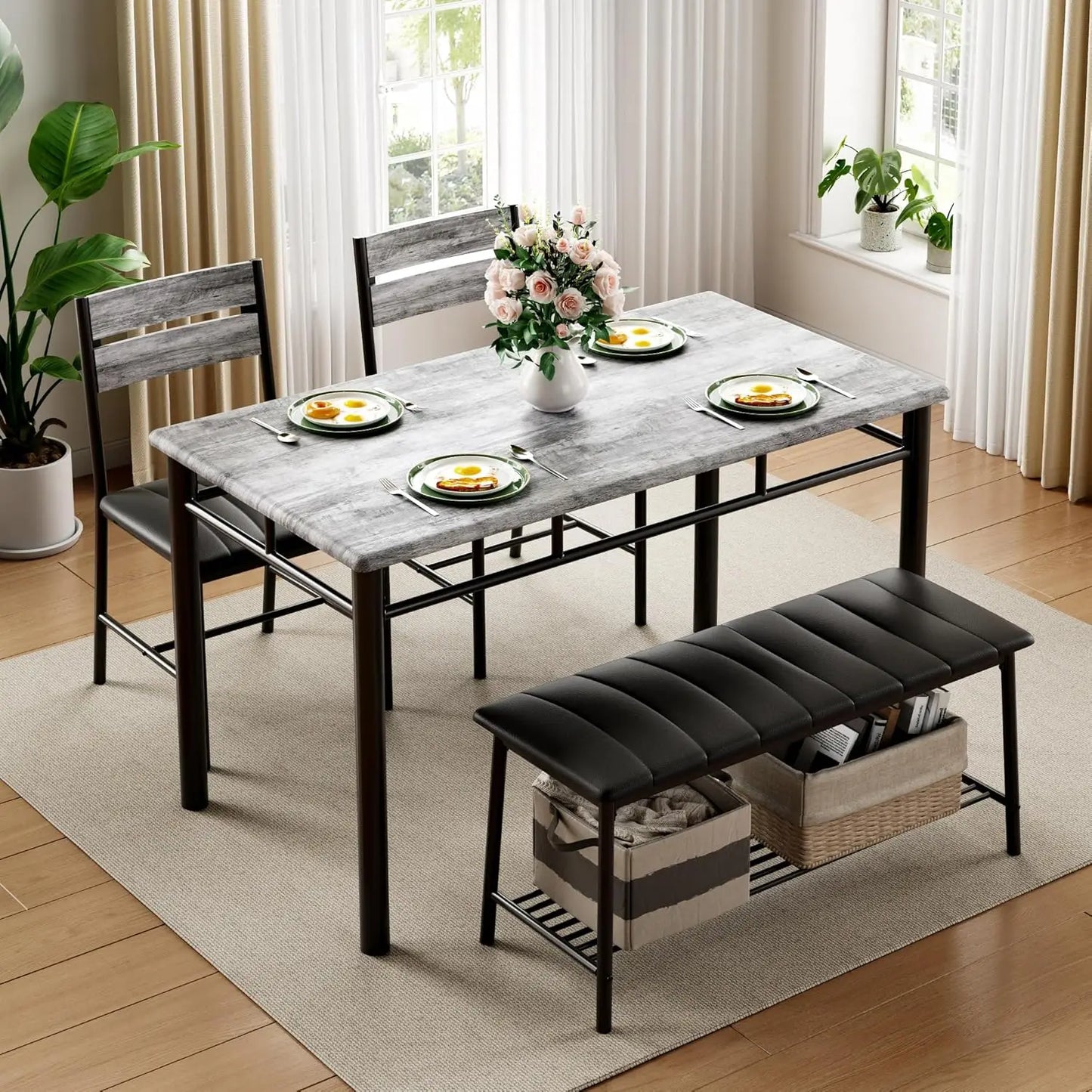 IRONCK Dining Table Set For 4 Small Space Bench And Chairs