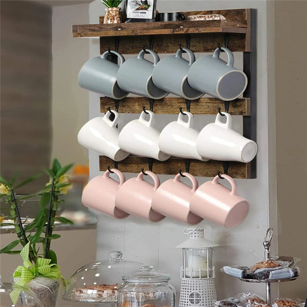 Wall Mounted Wooden Coffee Mug Rack Organizer With 12 Hooks Rustic Vintage Holder Shelf