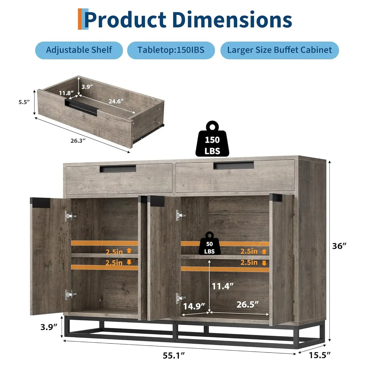 Modern Buffet Cabinet With Storage Sideboard Two Drawers Four Doors