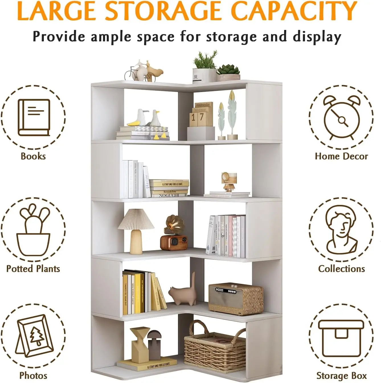 L Shaped Corner Bookshelf 6 Tier Wooden Freestanding Bookcase