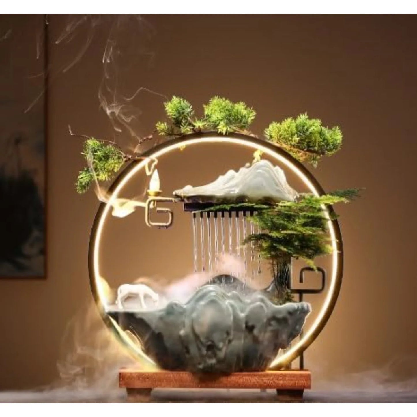 Bymaocar Tabletop Water Fountain With LED Light Mist Incense Holder