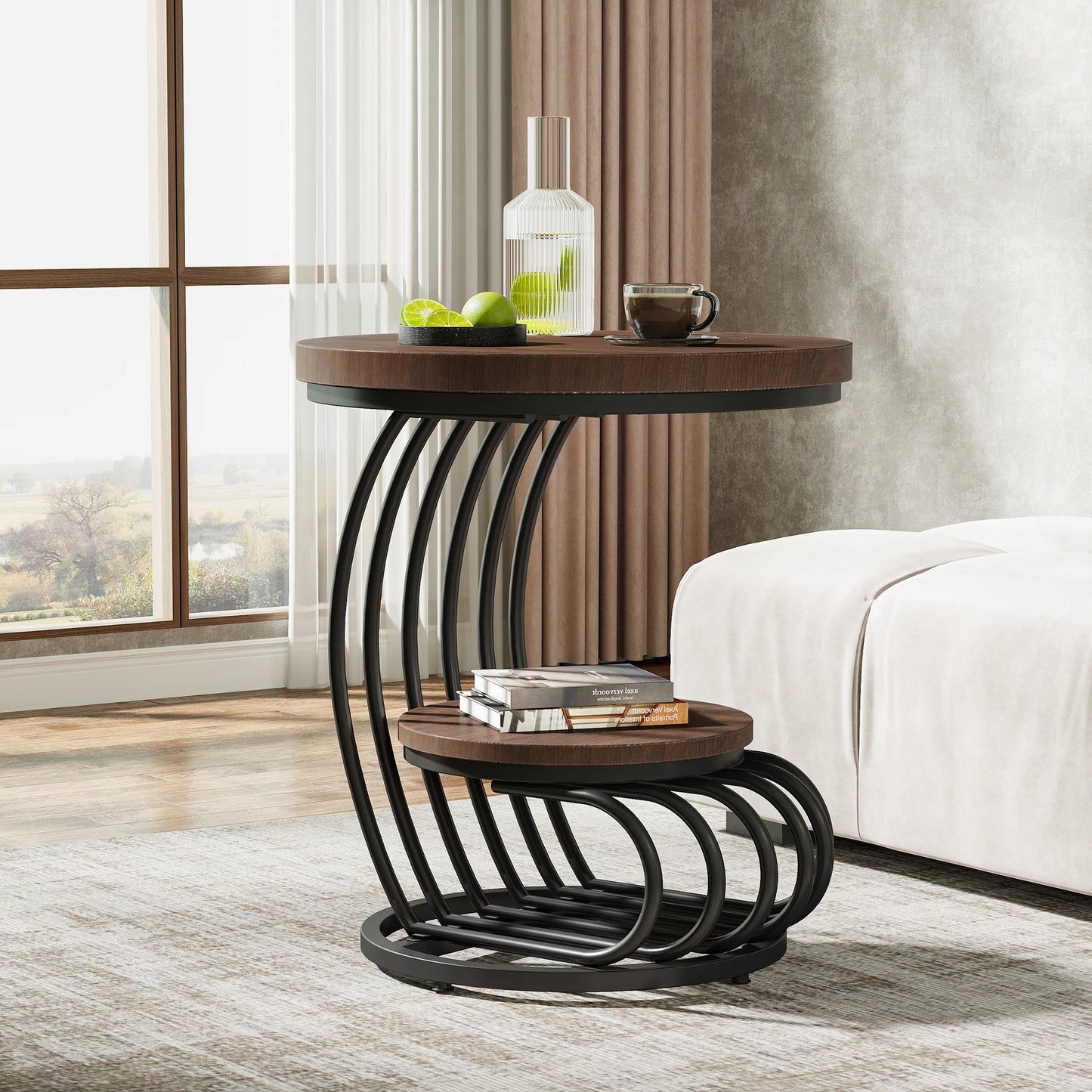 Tribesigns Round End Table 2 Tiers Faux Marble Storage