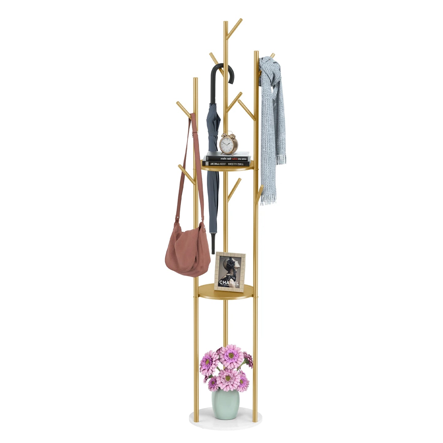 Bingopaw Marble Metal Coat Rack With 9 Hooks And 3 Shelves