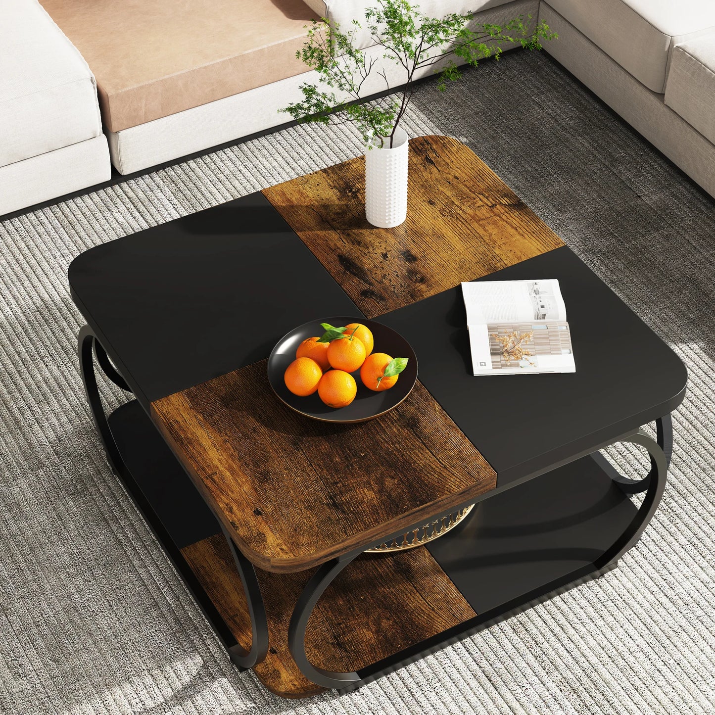 Tribesigns Square Coffee Table Two Tier Wood Storage Shelf Farmhouse