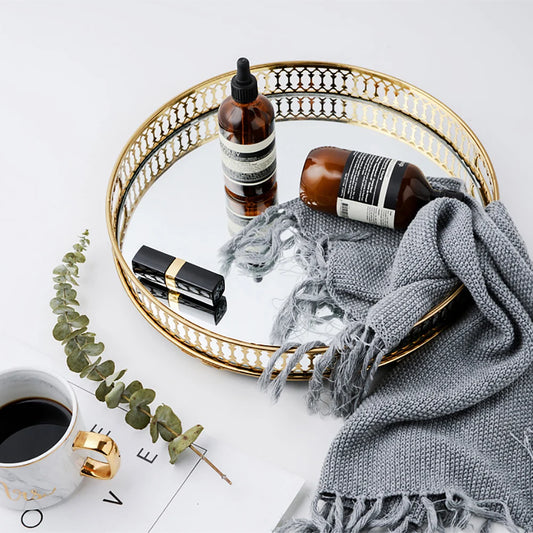 Decorative Metal Glass Mirror Tray Jewelry Display Storage