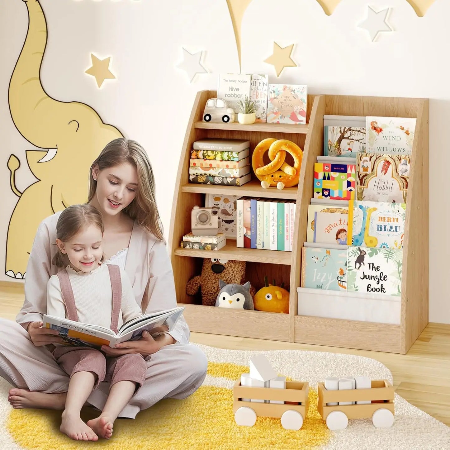 4-Tier Kids Bookcase With Sling Pockets For Nursery Storage
