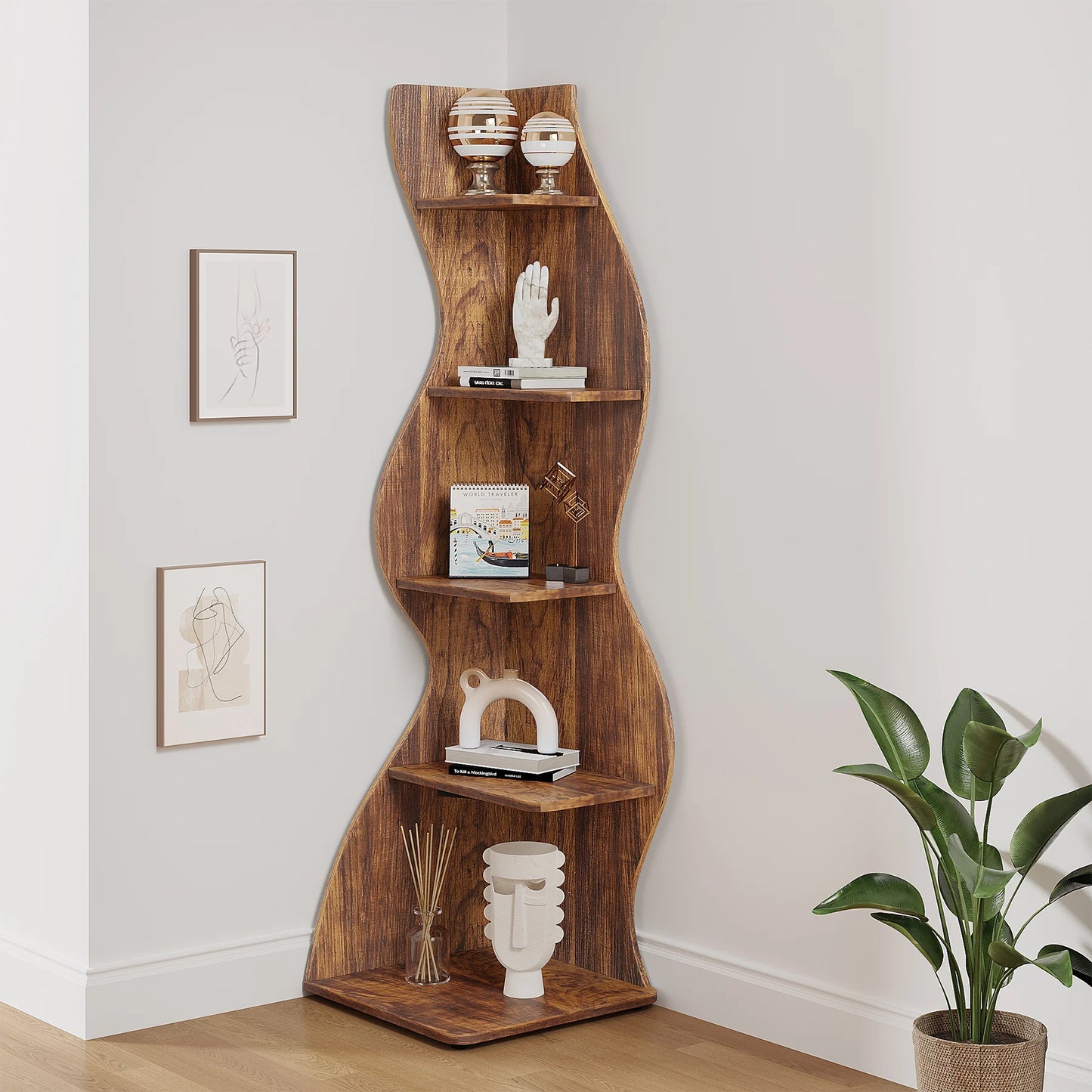 Tribesigns RusticTextured 5Tier Corner Shelf Wall WallMounted Bookcase Plant Stand