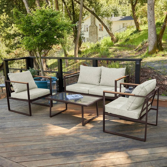 Patio Furniture Set With Sofa And Tempered Glass Table