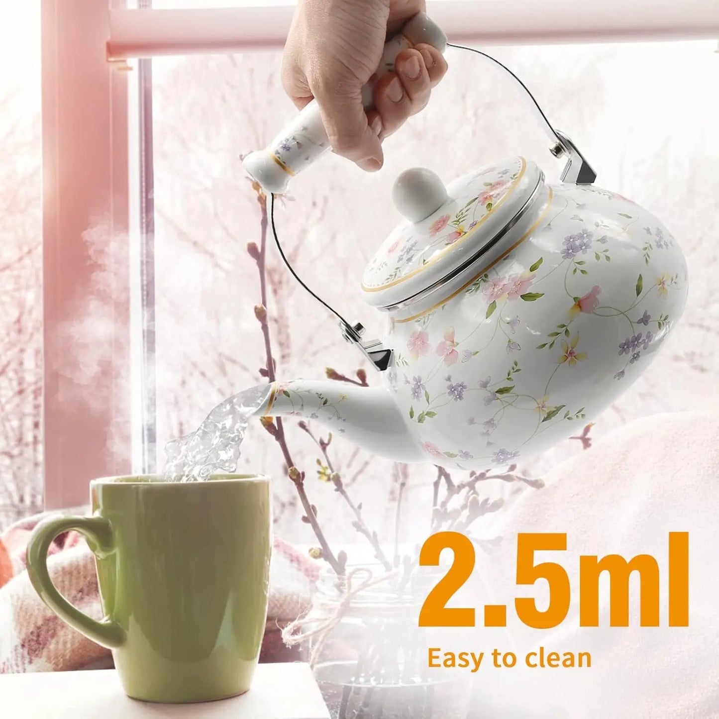 Enamel Teakettle Floral Teapot for Stovetop, 2.5L Large Green Floral Tea Kettle with Ceramic Handel Turkish Style(Green Rose)