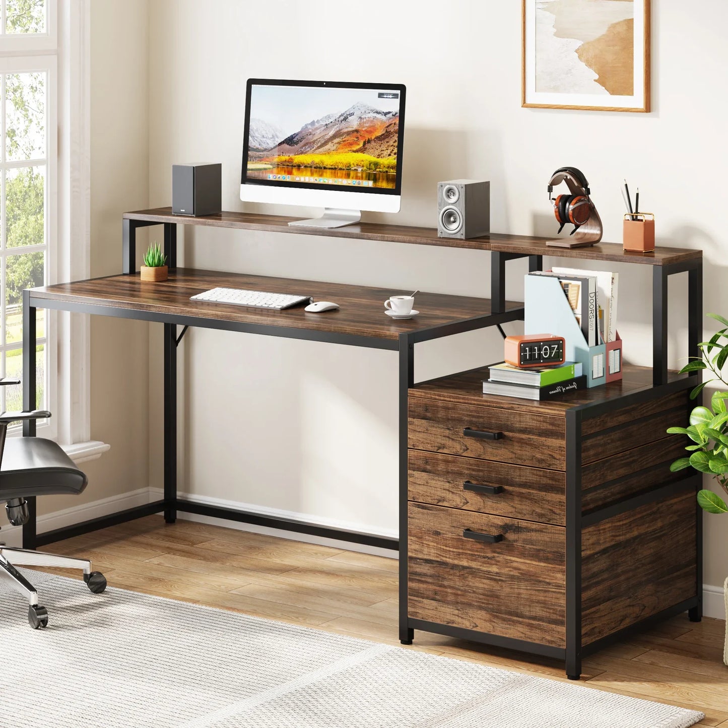 Tribesigns Ergonomic IndustrialGrade Computer Desk With File Drawer Monitor Stand