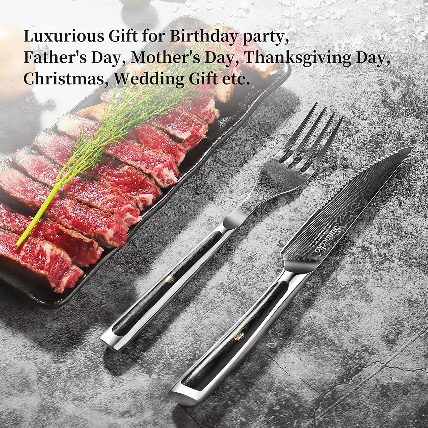 Sunnecko SeventyThreeLayer VG10 Damascus Steel Forks And SteakKnives Set PremiumProfessionalGrade