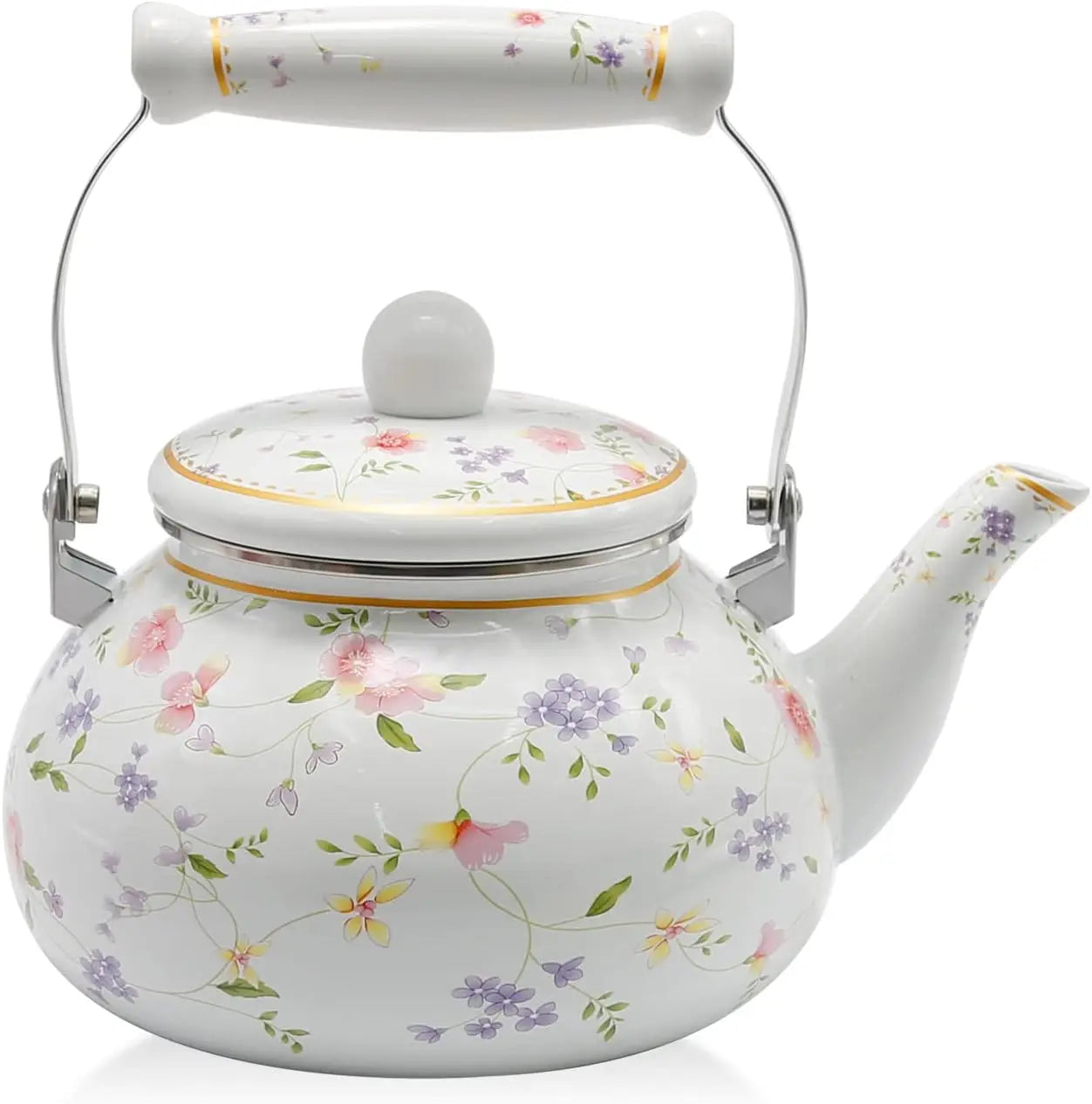 Enamel Teakettle Floral Teapot for Stovetop, 2.5L Large Green Floral Tea Kettle with Ceramic Handel Turkish Style(Green Rose)
