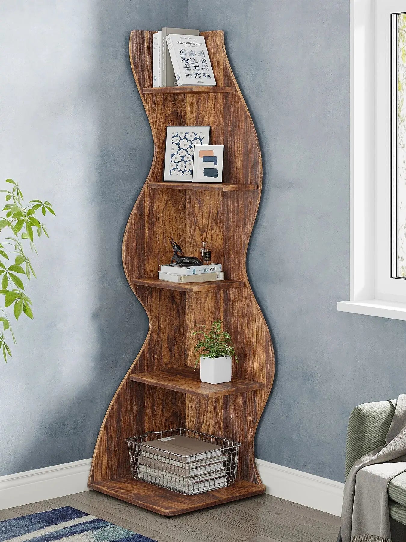 Tribesigns RusticTextured 5Tier Corner Shelf Wall WallMounted Bookcase Plant Stand