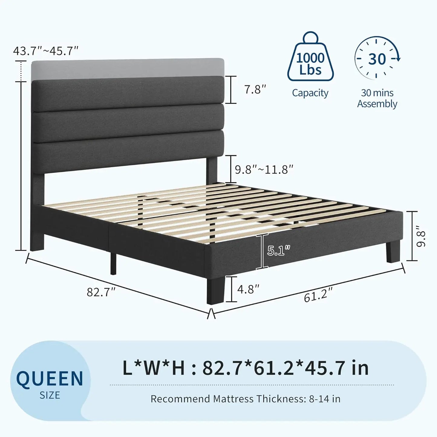 Fabric Upholstered Platform Bed Frame With Adjustable Headboard