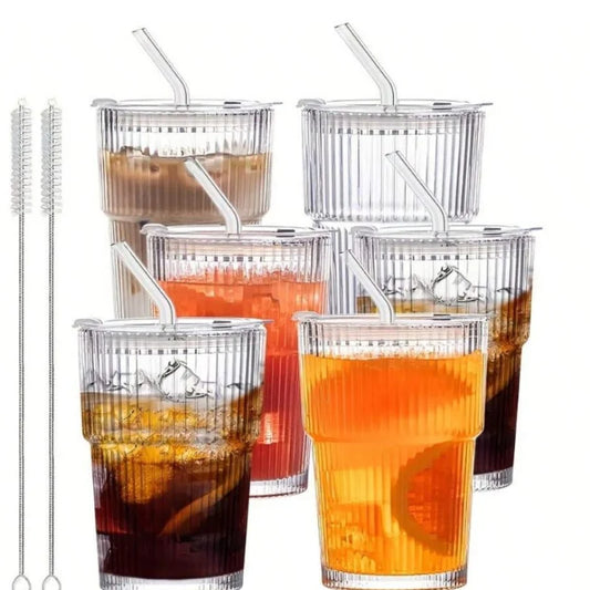 6 Piece Ribbed Glassware Set Vintage Vertical Striped Cups