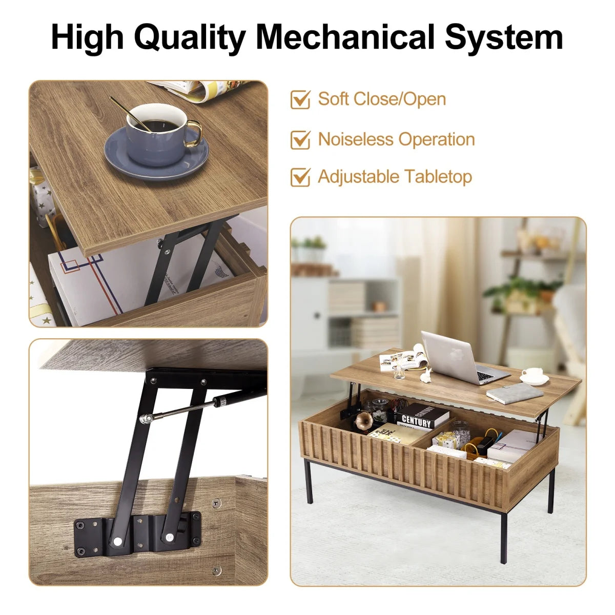 HiMISS Farmhouse Lift Top Coffee Table With Hidden Storage Compartments