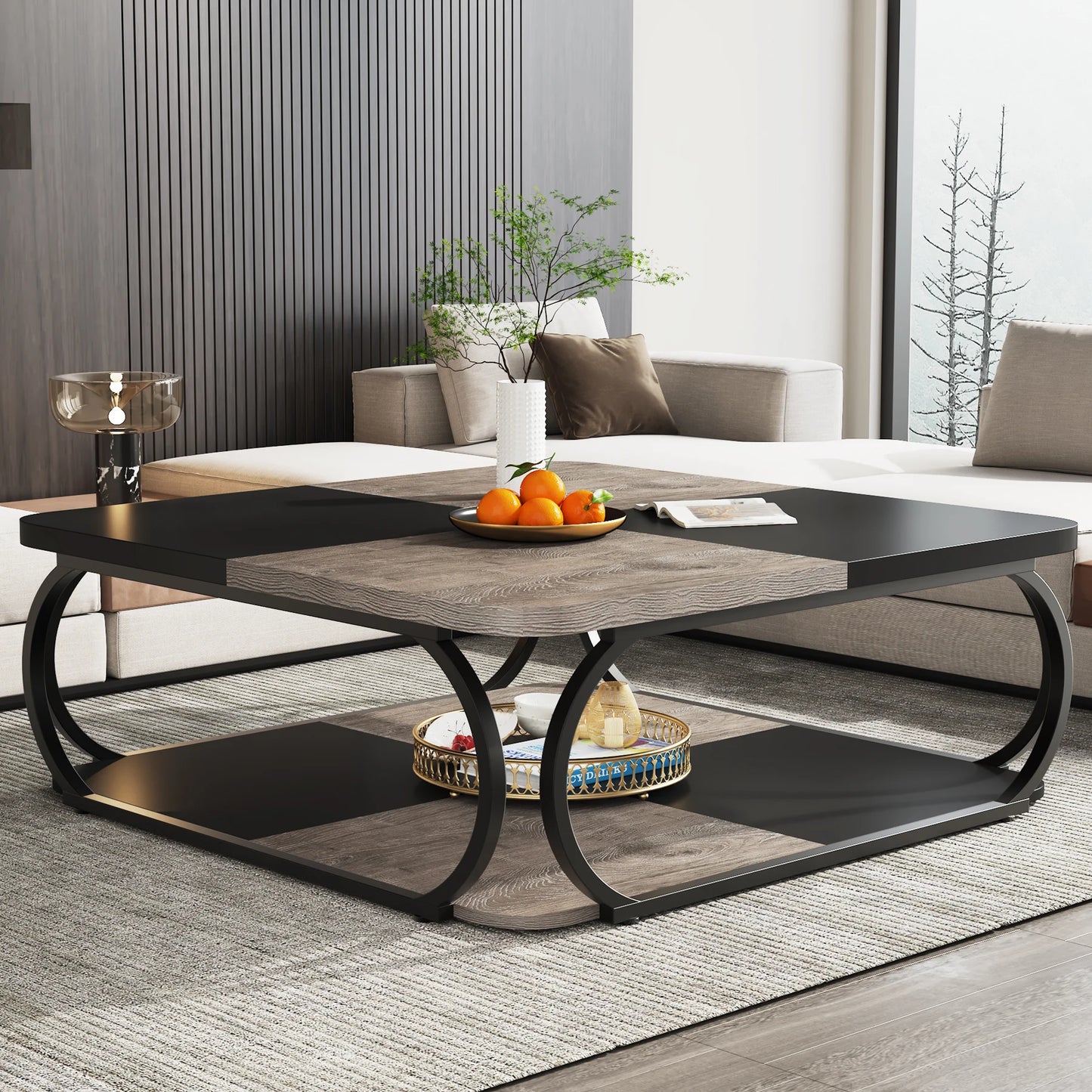 Tribesigns Square Coffee Table Two Tier Wood Storage Shelf Farmhouse