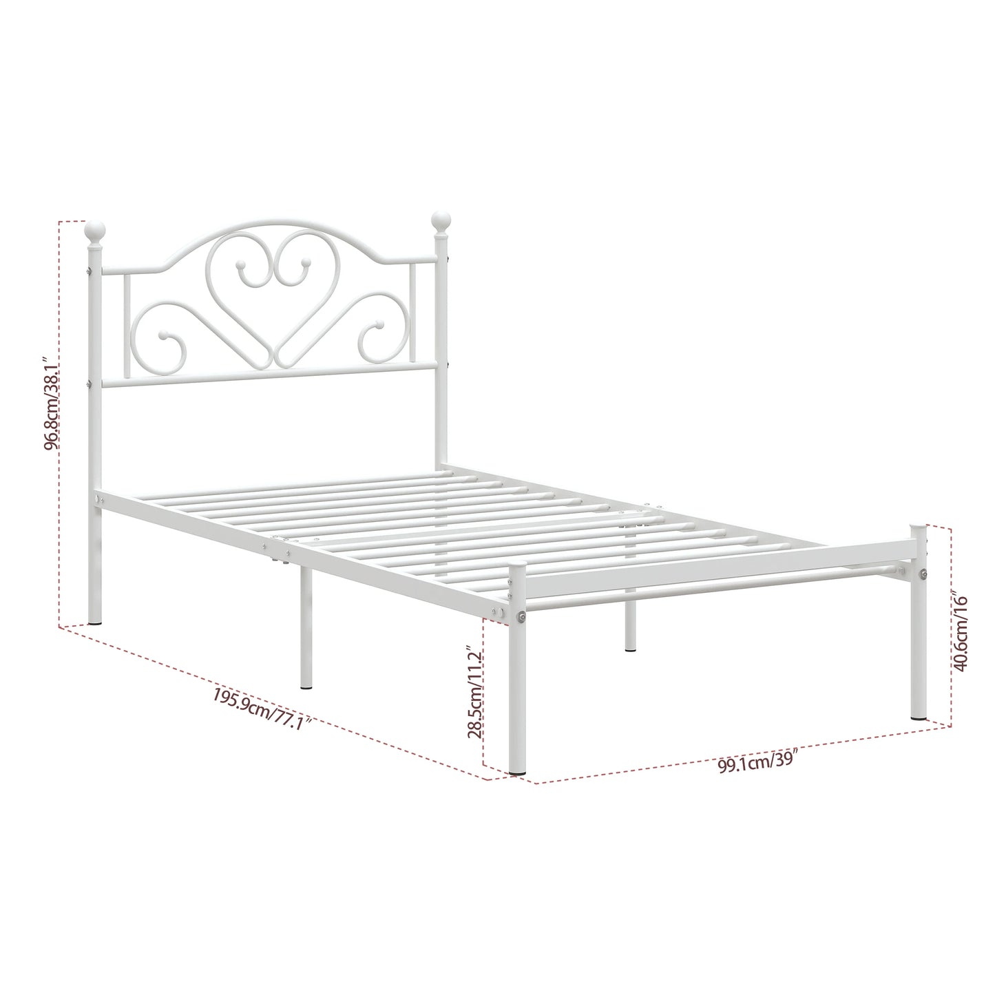 MERRONIX Twin Bed Frame With Heart Headboard Sturdy Metal