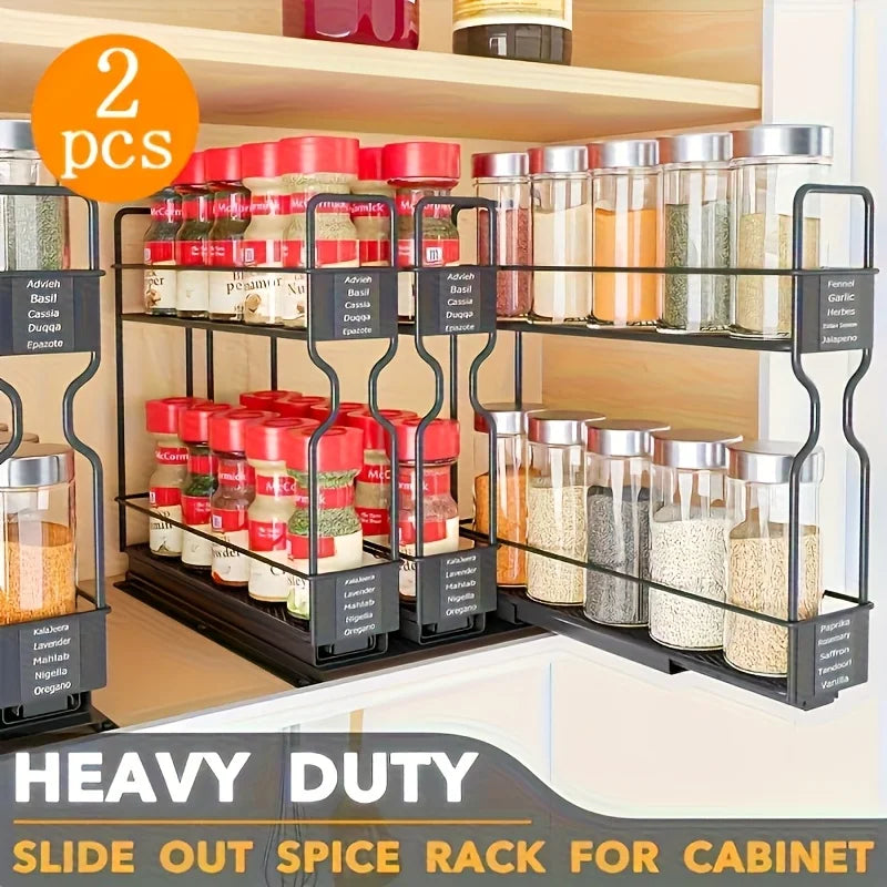 2-piece pull-out cabinet organizer | 5.2 inches x 10.51 inches x 10 inches, equipped with labels, to hold spice jars