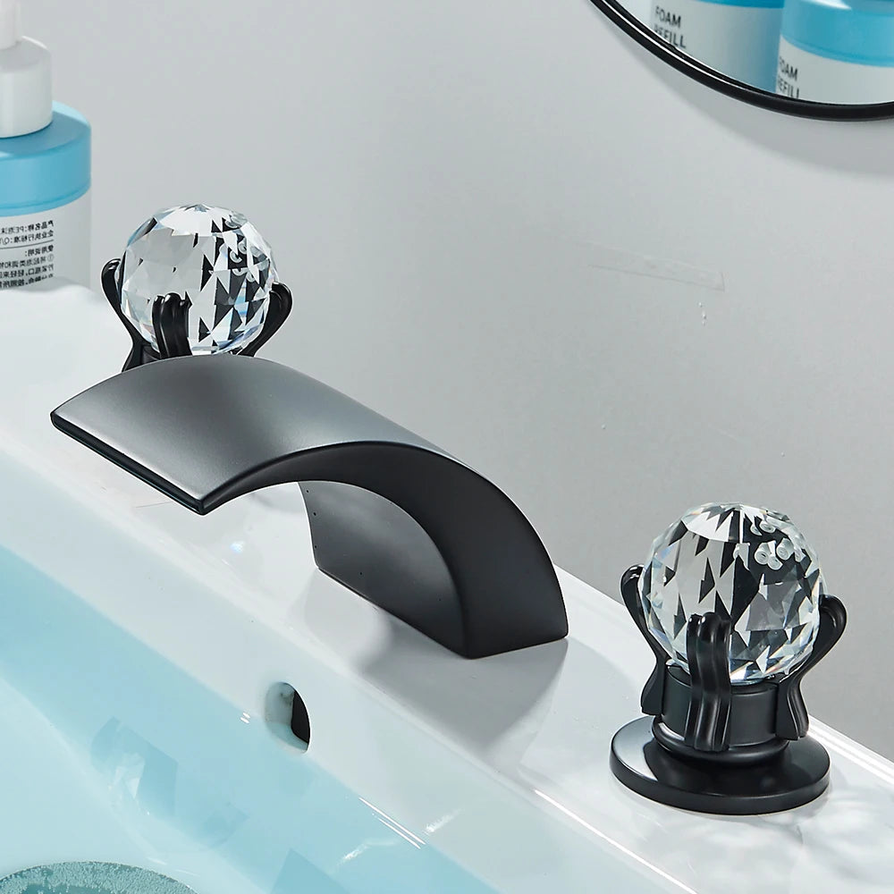Quyanre LED Widespread Bathroom Faucet Waterfall Two Crystal Knobs