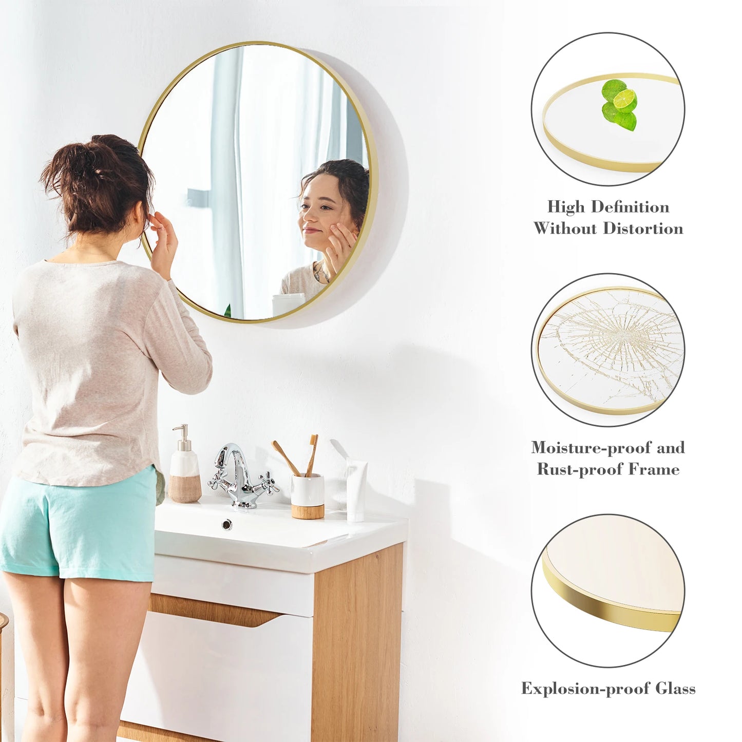 JHK Round Vanity Mirror Framed Wall Mounted Tempered Glass