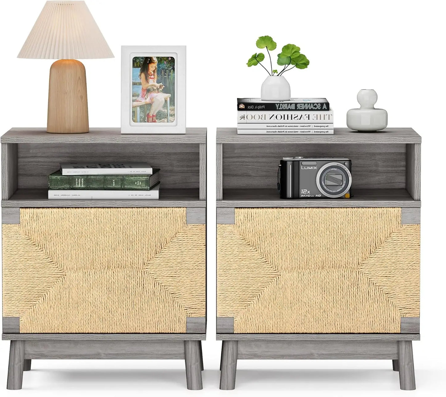 Natural Rattan Nightstand Set Of 2 With Drawers Boho