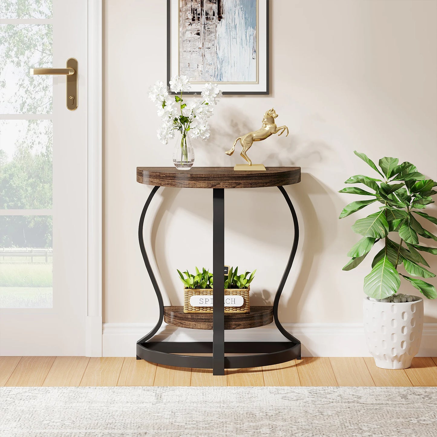 Tribesigns Half Round End Table Set of Two 2 Tier Wooden
