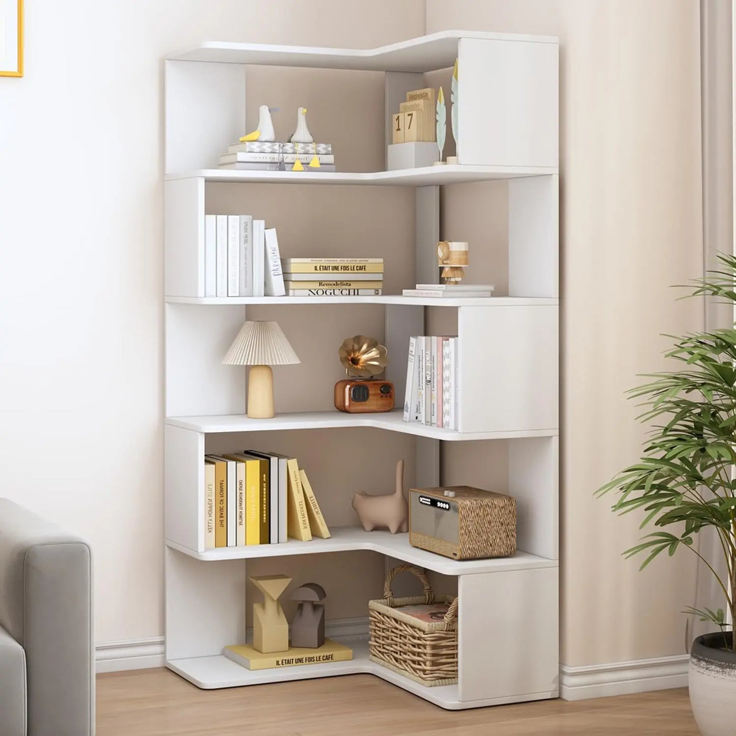 L Shaped Corner Bookshelf 6 Tier Wooden Freestanding Bookcase