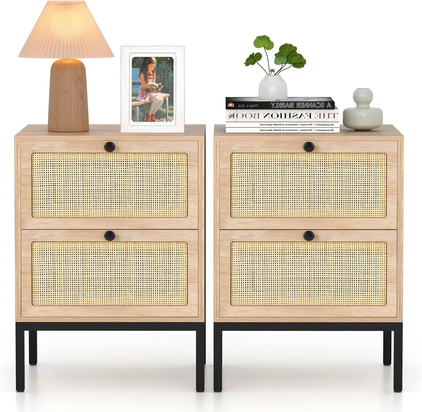 Natural Rattan Nightstand Set Of 2 With Drawers Boho