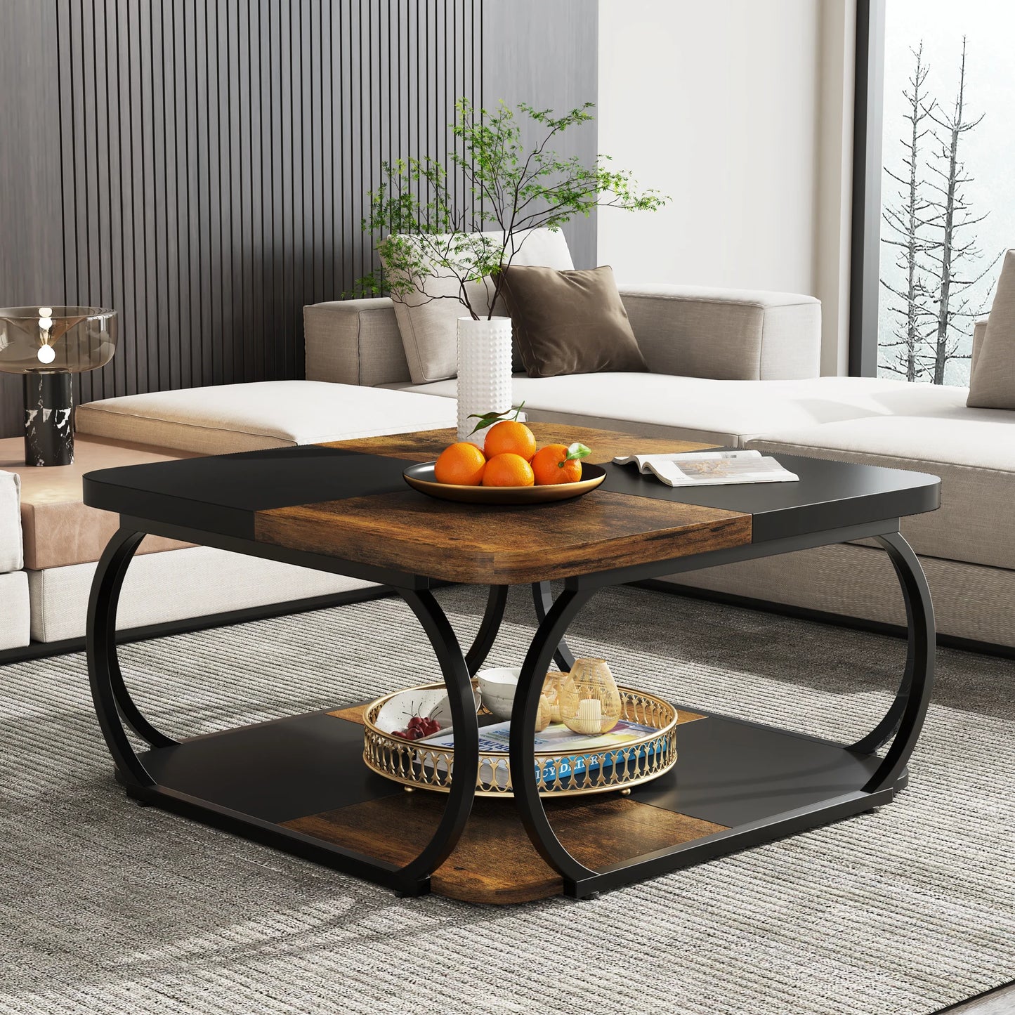 Tribesigns Square Coffee Table Two Tier Wood Storage Shelf Farmhouse