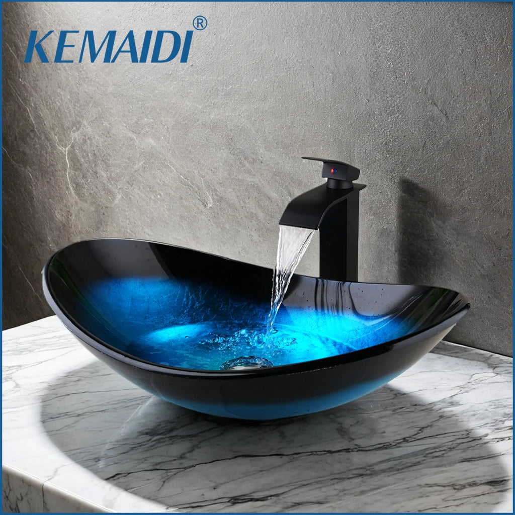 MEKKHALA Tempered Glass Vessel Sink With Black Waterfall Faucet