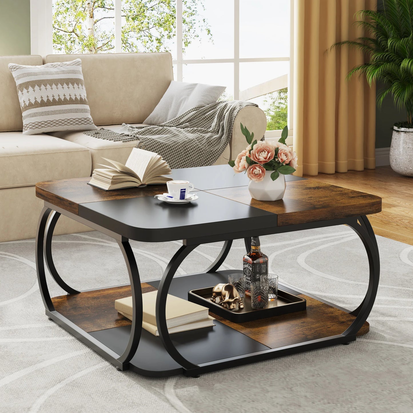 Tribesigns Square Coffee Table Two Tier Wood Storage Shelf Farmhouse