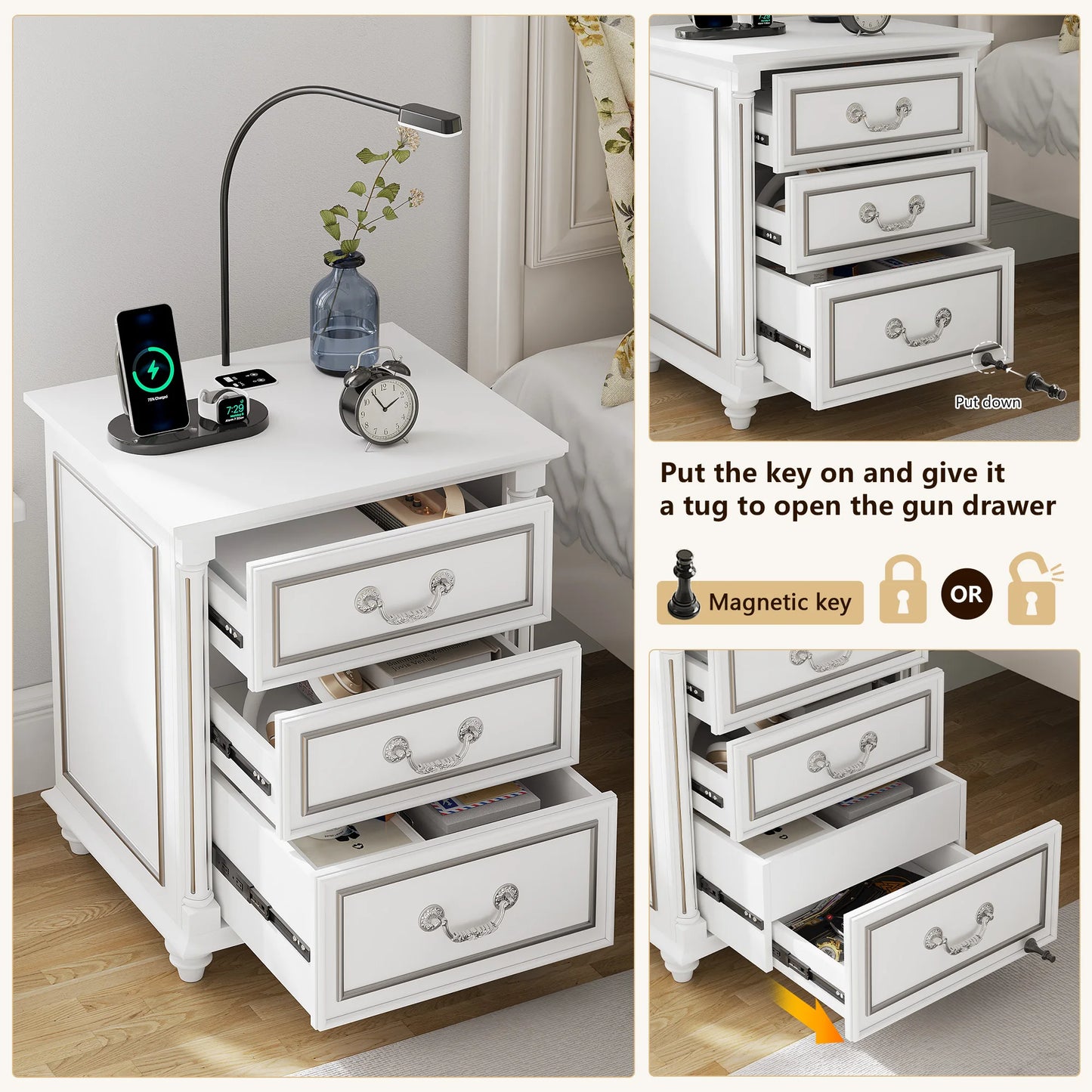 JDPAG Farmhouse Nightstand With Gun Drawer And 3 Drawers