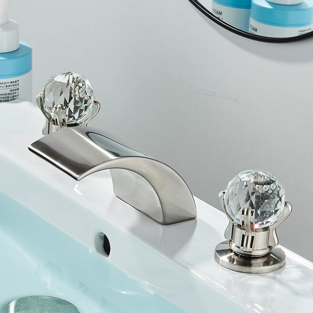 Quyanre LED Widespread Bathroom Faucet Waterfall Two Crystal Knobs