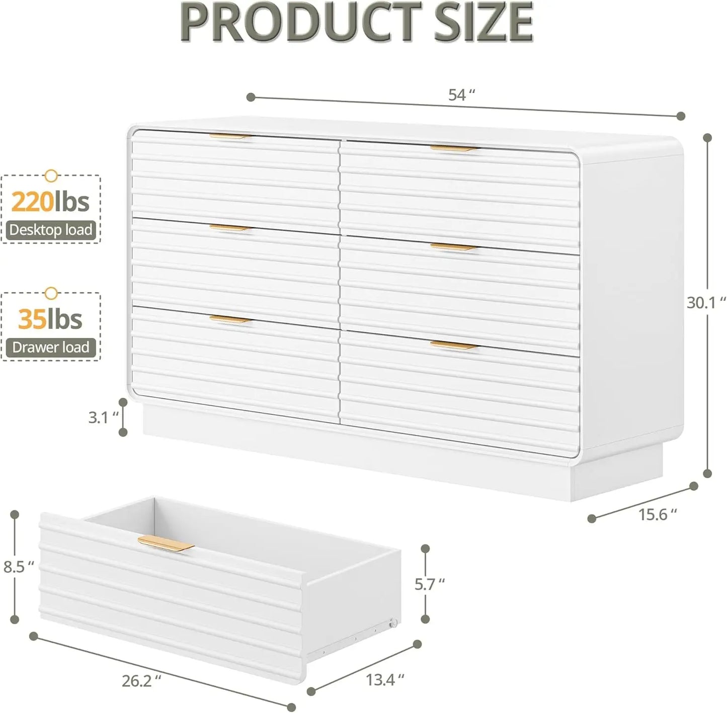 IRONCK Fluted 6 Drawer Dresser Modern Wooden White Bedroom