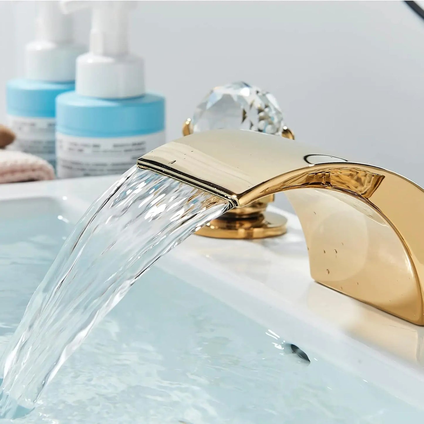 Quyanre LED Widespread Bathroom Faucet Waterfall Two Crystal Knobs