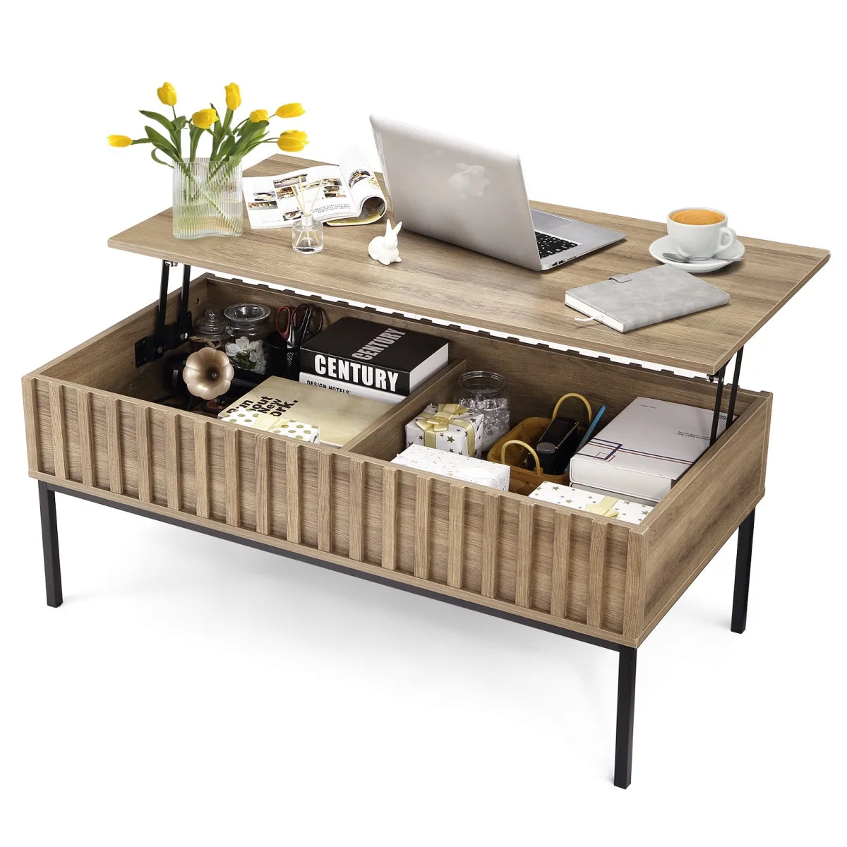 HiMISS Farmhouse Lift Top Coffee Table With Hidden Storage Compartments