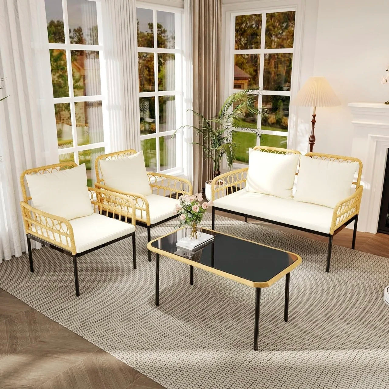 Studyset Outdoor Patio Furniture Set Wicker Rattan Chairs Glass Table